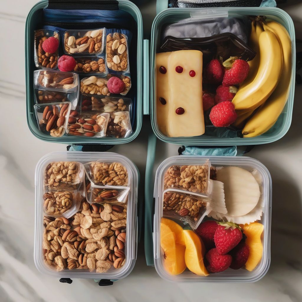 Healthy Travel Snacks Arranged in a Backpack